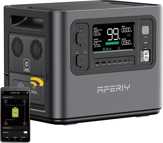 AFERIY P210 Power Station Generator 2400W 2048Wh met app - 13 Uitgangen - 10ms UPS - Snel opladen - 10 jaar batterijduur - Grijs