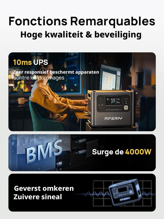 De AFERIY draagbare powerstation met digitale display, aangesloten op een laptop, in een sfeervolle kamer.
