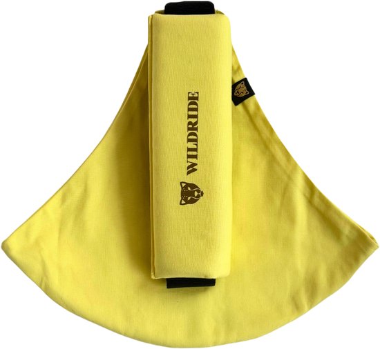 Lichtgele draagzak met een zwarte band en het 'Wildride'-logo met een panter.