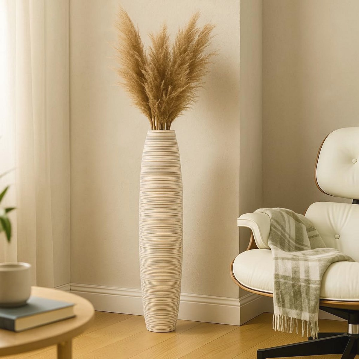 Grote Home Decor Vloervaas - Houten Hoge Boerderij Decor - Bloemenhouder Voor Nep Plant En Pampas Gras, 65 cm, Wit