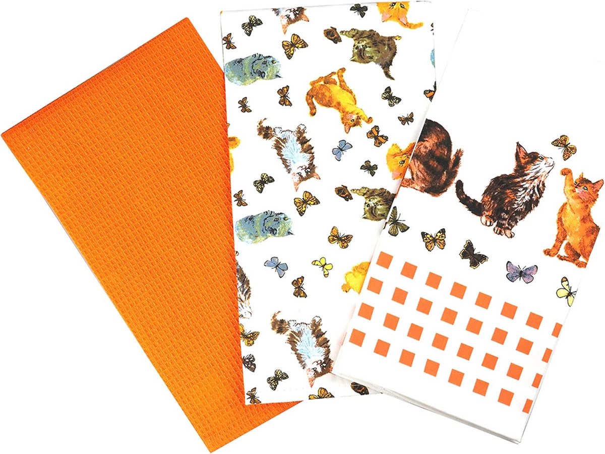 Katoenen Theedoeken Set voor Kattenliefhebbers - 3 Stuks 45x65 cm