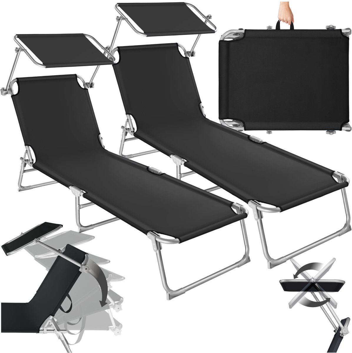 Bol.com tectake® Opklapbaar ligbed met verstelbare rugleuning en zonnedakje - Set van 2 - Strandligstoelen met zonnekap - Voor b... aanbieding