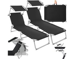 tectake® Opklapbaar ligbed met verstelbare rugleuning en zonnedakje – Set van 2 – Strandligstoelen met zonnekap – Voor balkon, terras of tuin – Belastbaar tot 110 kg – Verkrijgbaar in verschillende kleuren – Zwart