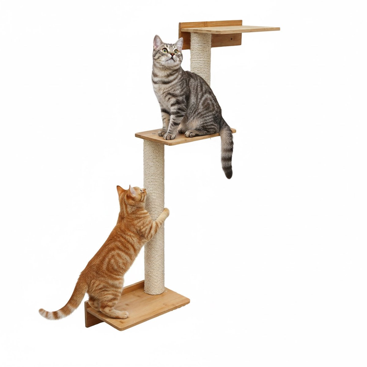 107 cm Wandkrabpaal met 3 Bamboe Planken - Katten Klimboom van Sisal - Krabpaal met Muurbevestiging