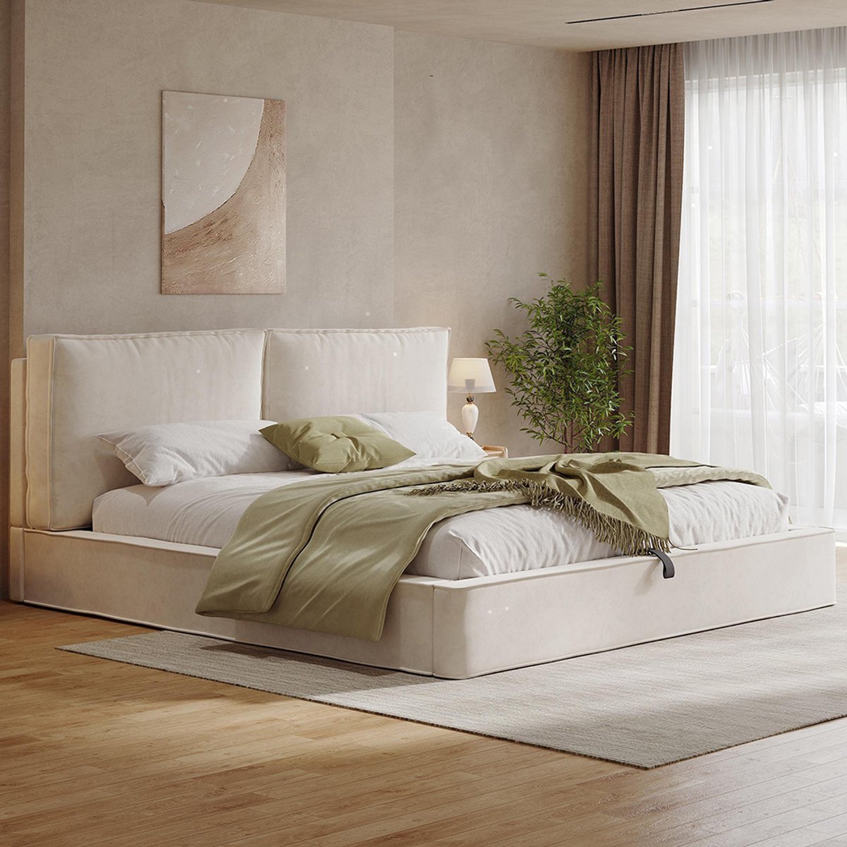KOMHTOM Gestoffeerd bed, tweepersoonsbed, 180 x 200 cm, functioneel hydraulisch bed, bed met lattenbodem, hoofdeinde, gestoffeerd hoofdeinde, beige chenille