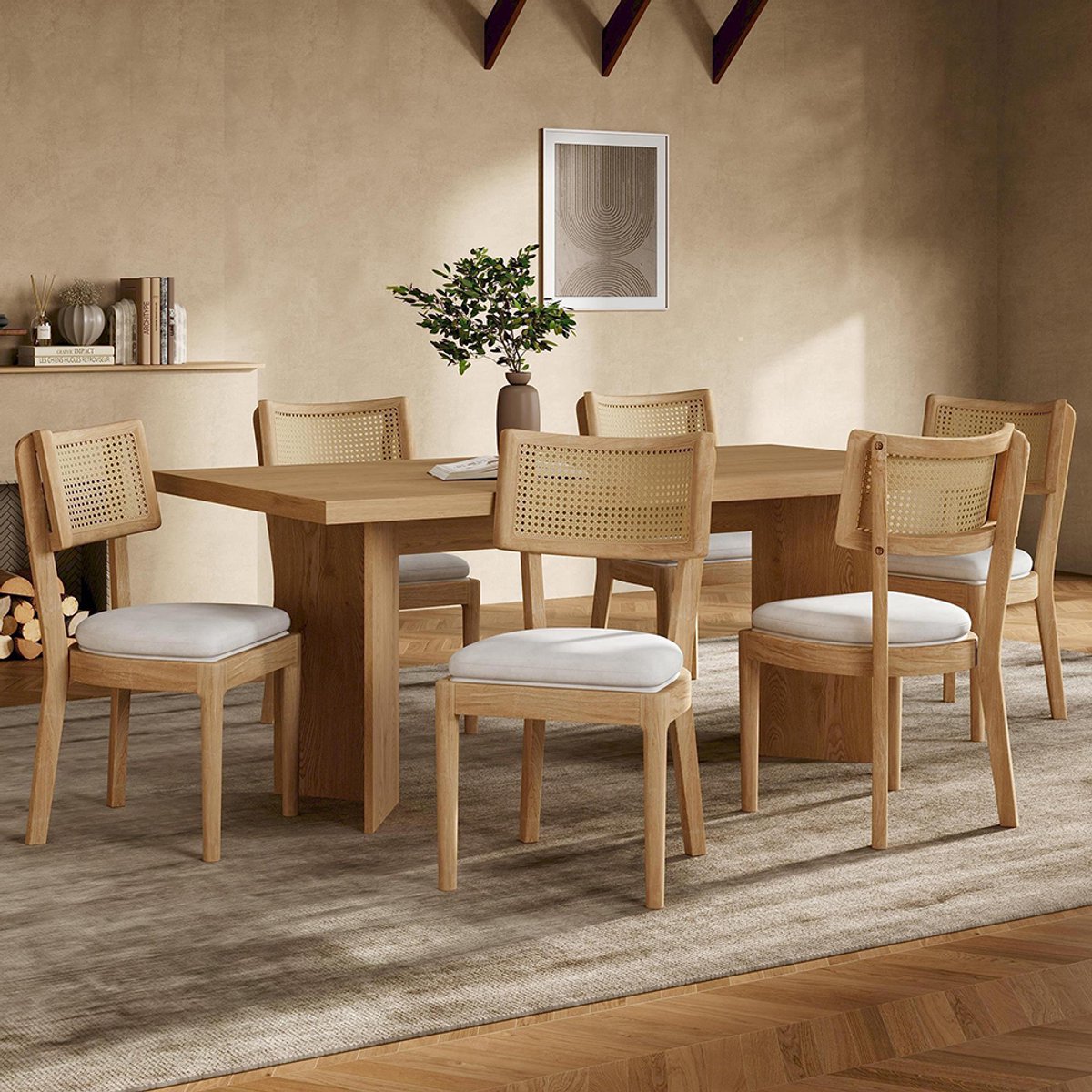 KOMHTOM BLACKCOLORS 6 massief houten eetkamerstoelen met rotan rugleuningen, comfortabel en ademend, geschikt voor eetkamers, woonkamers, cafés, moderne stijl, linnenkleurig, houtkleurig