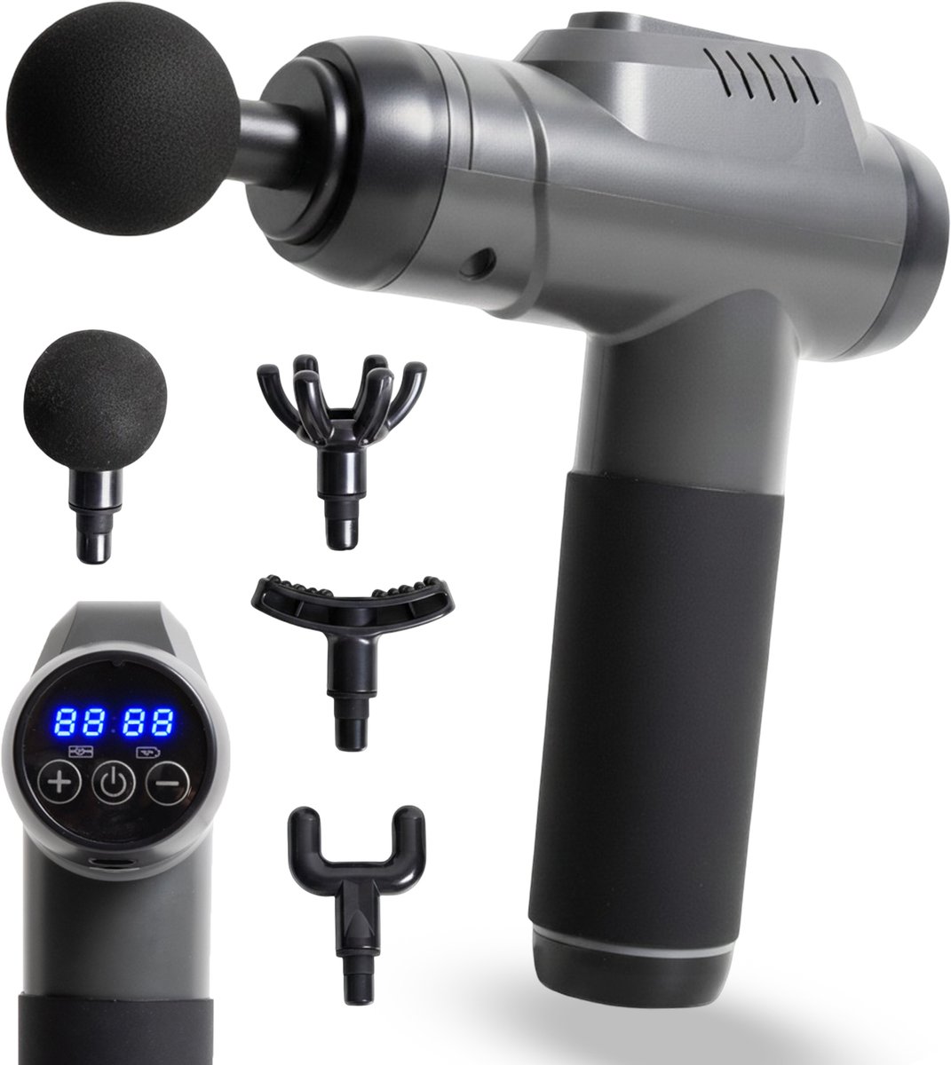 MLN Massage Gun – Krachtige Spiermassage – 5 Opzetstukken – Extra Lange Steel – Zwart