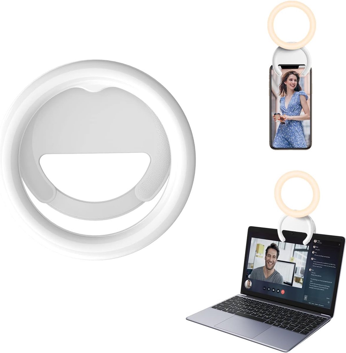 LED-Videolamp - Selfie Ring Light LED Licht - Universele Selfie Ring Lamp - 180° Rotatie -LED-selfielamp - Mobiele telefoonlamp - Geschikt voor mobiele telefoon - camera - laptop - Wit