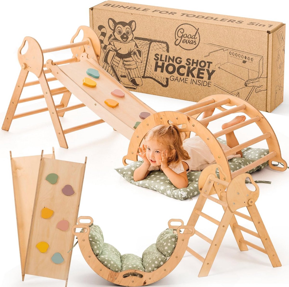 Klimframe 5-in-1 voor Peuters - Triangel Ladder, Klimboog, Balans- en Kussenset, Montessori Speeltoestel, Opvouwbare Klimspeelgoed voor Kinderen 1-3 Jaar