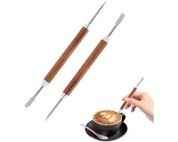 2-delige Latte Art-tool - roestvrijstalen koffiepen - houten handvat, dubbelzijdig ontwerp - barista-tool - voor espresso, latte art, thuis en in het café - bruin 15 cm