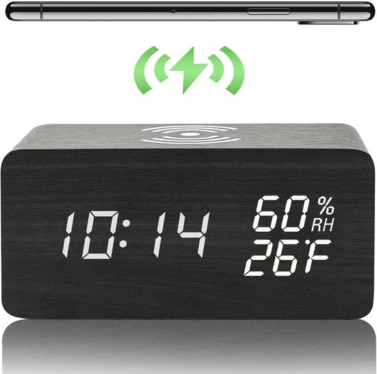 Digitale wekker, houten driehoek nachtkastje klokken met LED-display helderheid instelbaar, spraakbesturing, tijd, vochtigheid