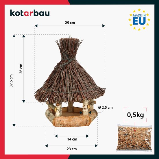 Afmetingen van een natuurlijk bruin vogelhuisje van hout en wilg met rieten dak.