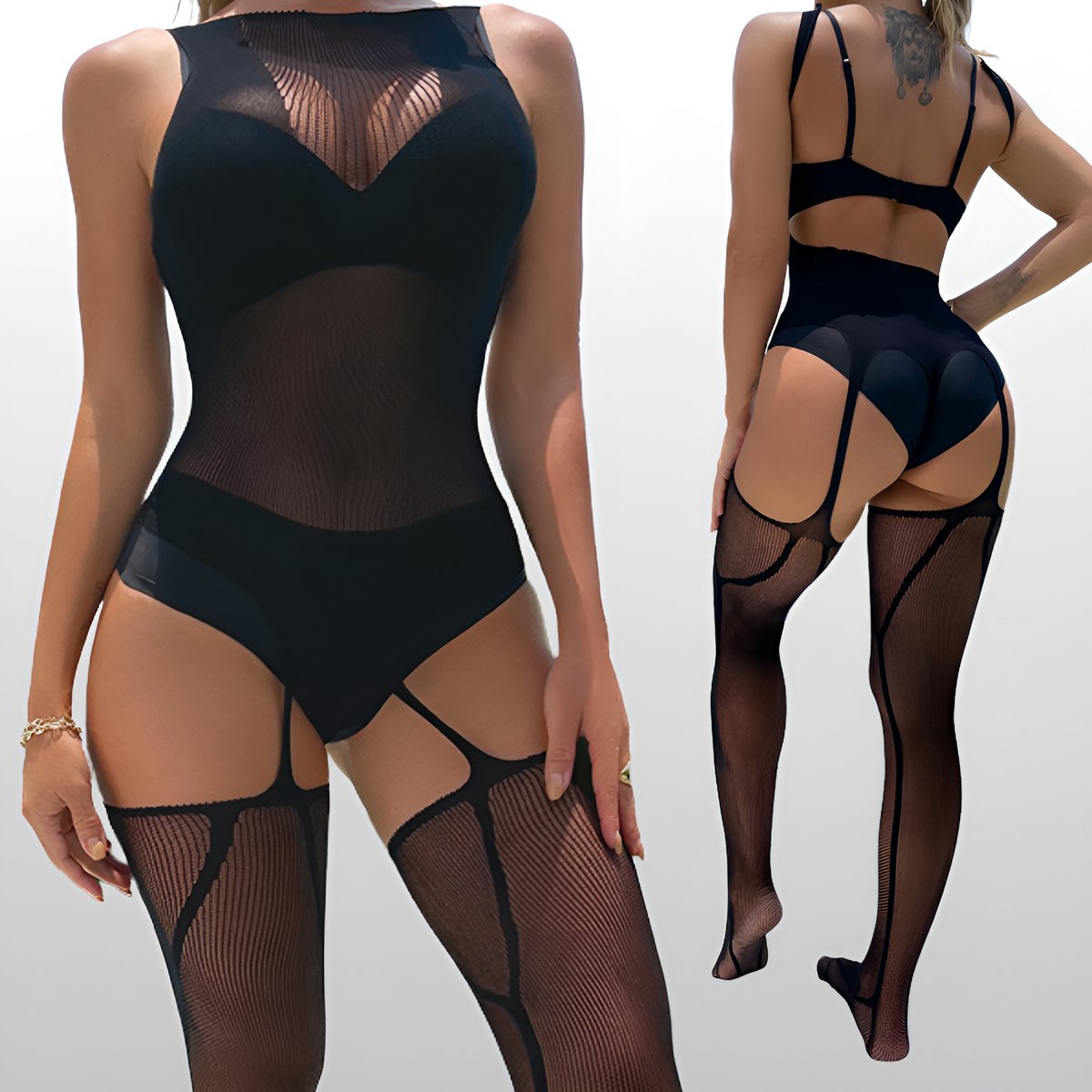 Sexy Lingerie Bodystocking Zwart - Transparant Visnet Met Jarretel Look - One Size S-L (36-40) | LS401