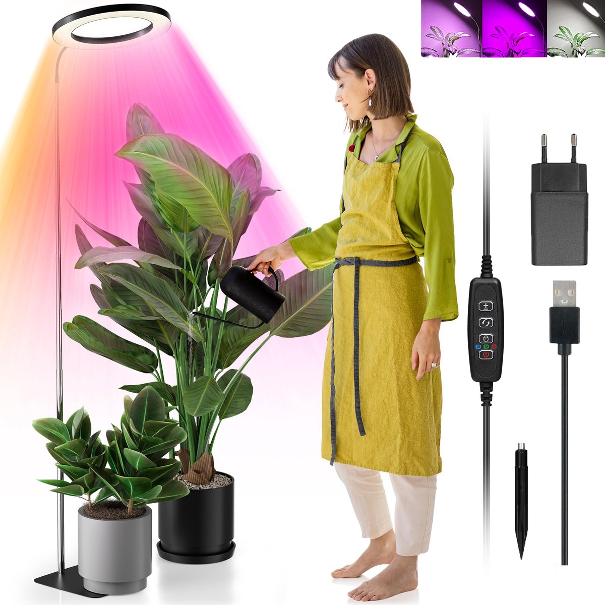 MUPOO groeilamp planten Met voet Zwart 72 LEDS met Adapter - kweeklamp led full spectrum met Dimbare Helderheid - 10-traps dimmen-erstelbaar (35-155cm)-Timer 3/9/12-Indoor planten lamp - planten verlichting