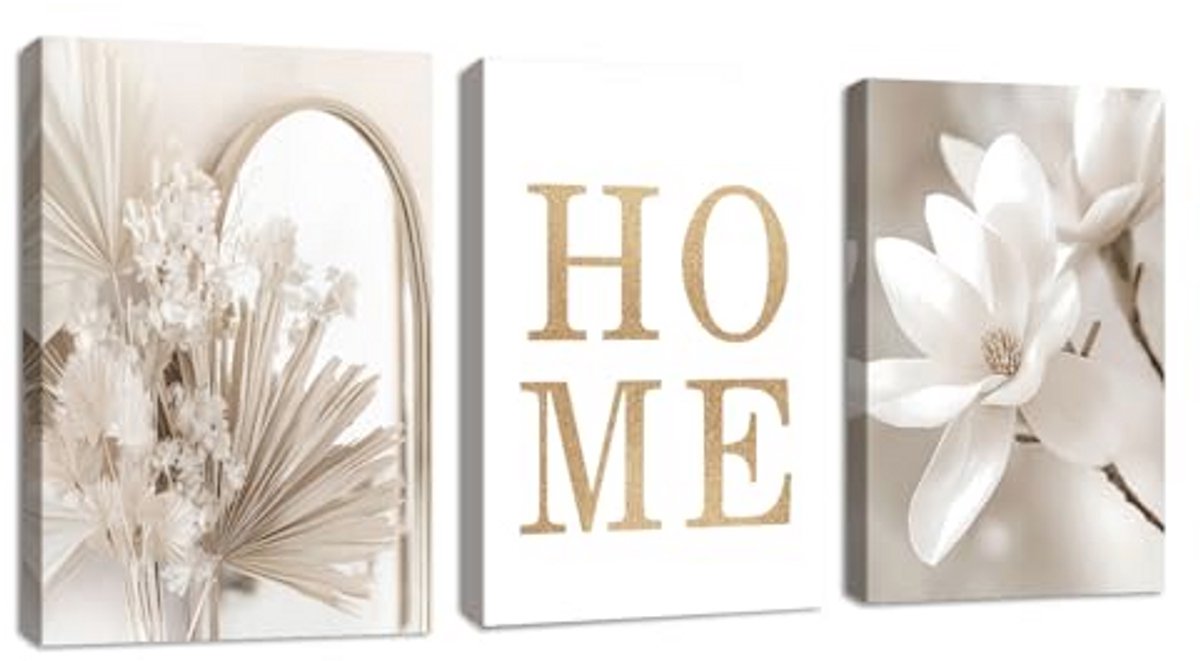 Beige Canvas Wandschildering Set met Magnolia en Cattail | Moderne Wanddecoratie voor Slaapkamer en Kantoor | 30x40cm