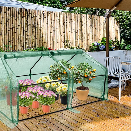 Groene kas op houten terras met bloemen en een kleine sinaasappelboom.