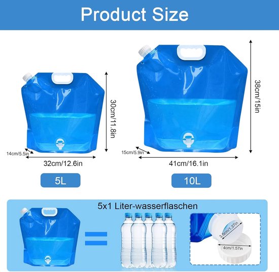 6 stuks - Opvouwbare waterop slagzakken - Met kraan - 5 en 10 Liter - Watercontainer - Noodwaterfles - Campingwaterjerrycan - Watertank - Draagbare waterzak - Noodpakket - Voor buitensporten, kamperen, wandelen, picknick, barbecue - Blauw van Merkloos — afbeelding 5