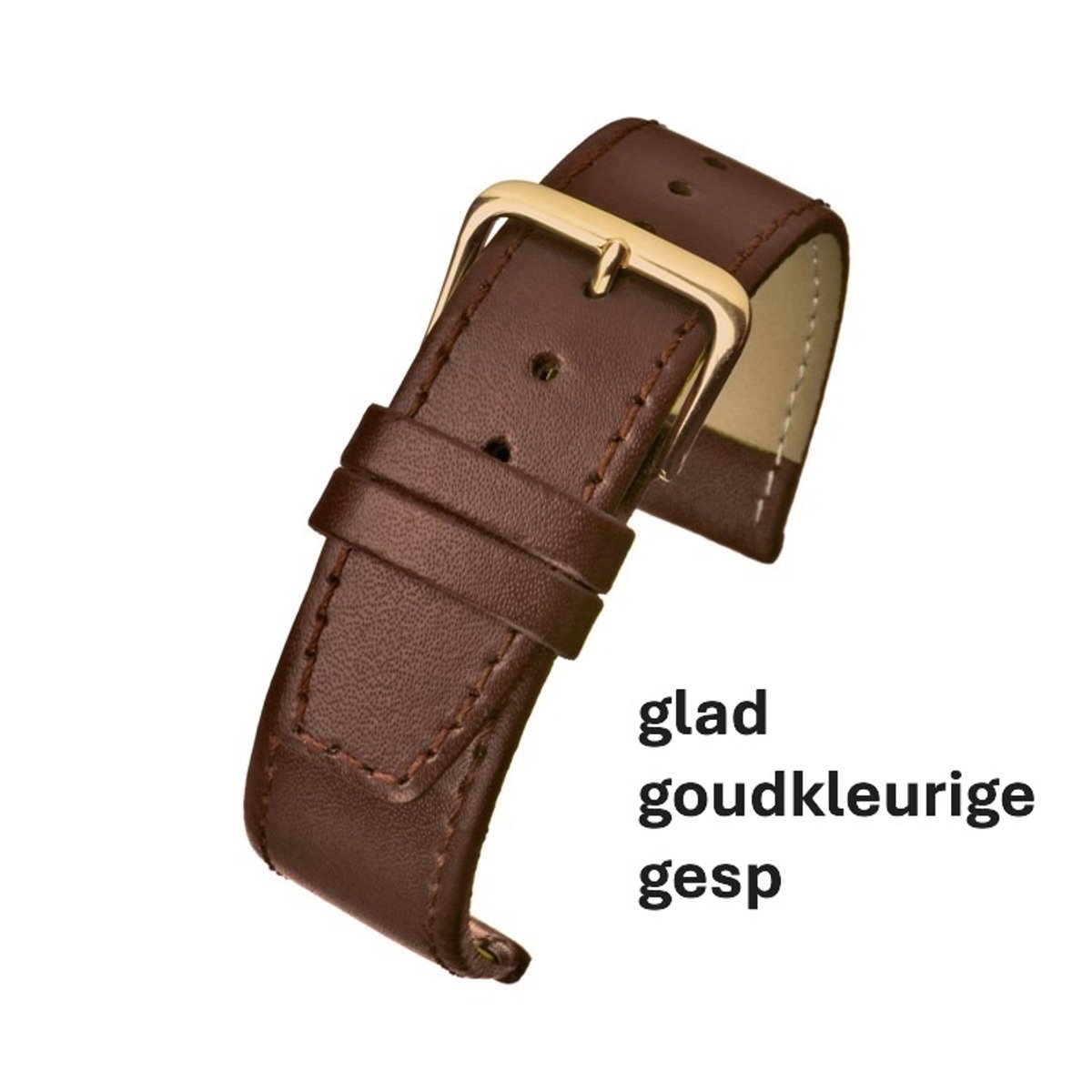 Horlogeband-horlogebandje-12mm-bruin-cognac-gestikt-echt leer-plat- goudkleurige gesp-leer-12 mm