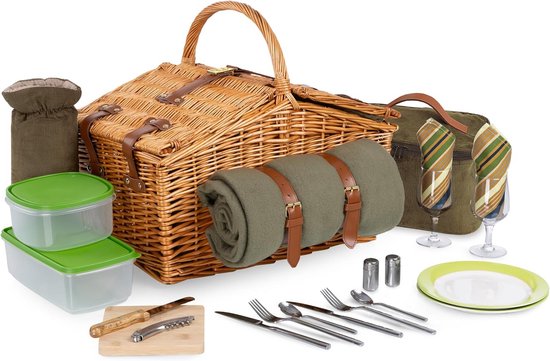 UNUS Picknickmand voor kinderen, rechthoekig van wilgentenen, stoffen bekleding, complete set voor 2 personen met bestek, borden en bekers, draagbare rieten mand