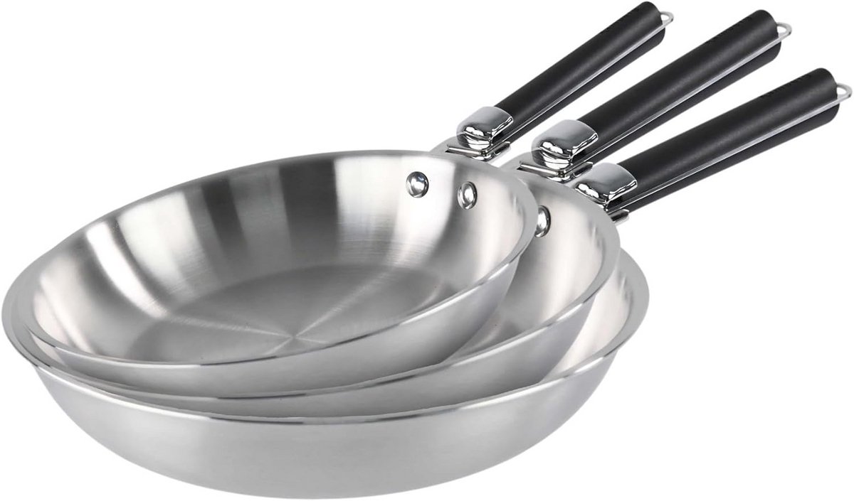 Set van 3 Koekenpannen met Afneembare Handvatten - RVS - Geschikt voor Inductie en Oven