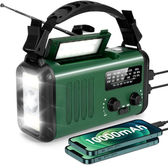 Noodradio - Solar Opwindbaar 10.000mAh - MODEL 2025 - Solar powerbank Zonneenergie - Survival Noodpakket - Zaklamp Oplaadbaar - Noodpakket – Noodrantsoen - Groen