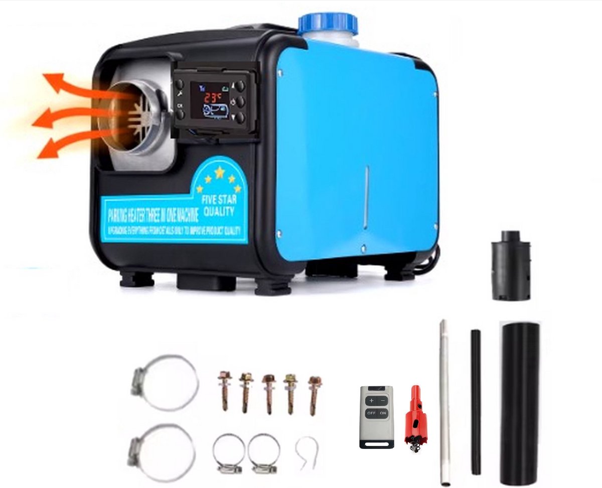Bol.com DrPhone ThermaFlow 8000X - LCD - 12V Kachel 8kw Tot 1kw - Diesel - Verwarming Auto Kachel afstandsbediening - Zwart/blauw aanbieding
