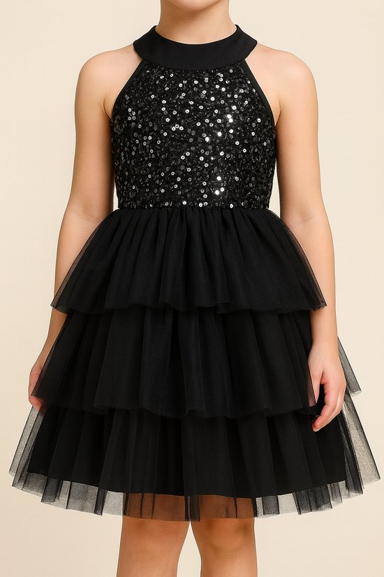 Meisjes Feestjurk – Zwarte Pailletten Jurk – Perfect voor Verjaardag, Bruiloft & Kerst of Speciale Gelegenheid 5/6 jaar Maat 116/122