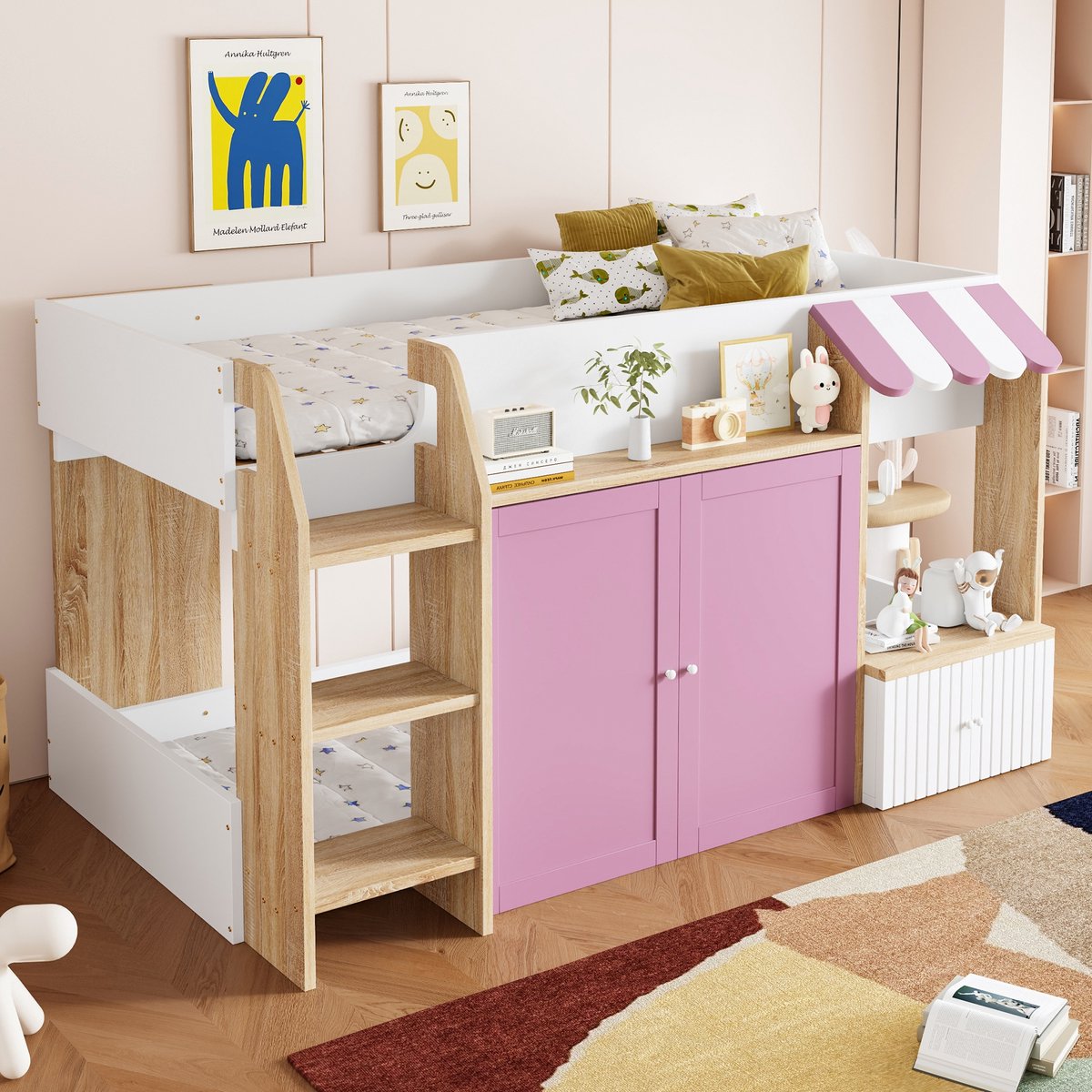 PHOEBE CAT Halfhoogslaper - 90x200 cm - Dubbele deuren - Opbergkast - Kinderbed - Wit + Roze + Natuurlijke