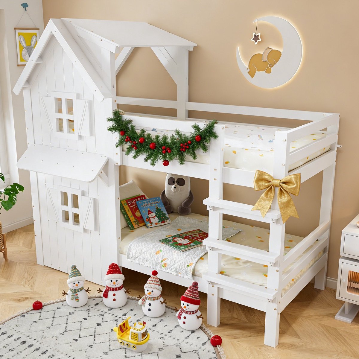MODFU MODKU Kinderstapelbed 90x200 cm – Huisjesmodel met raam en baldakijn – Zijreling – 3-treden ladder – Lattenbodem – Wit