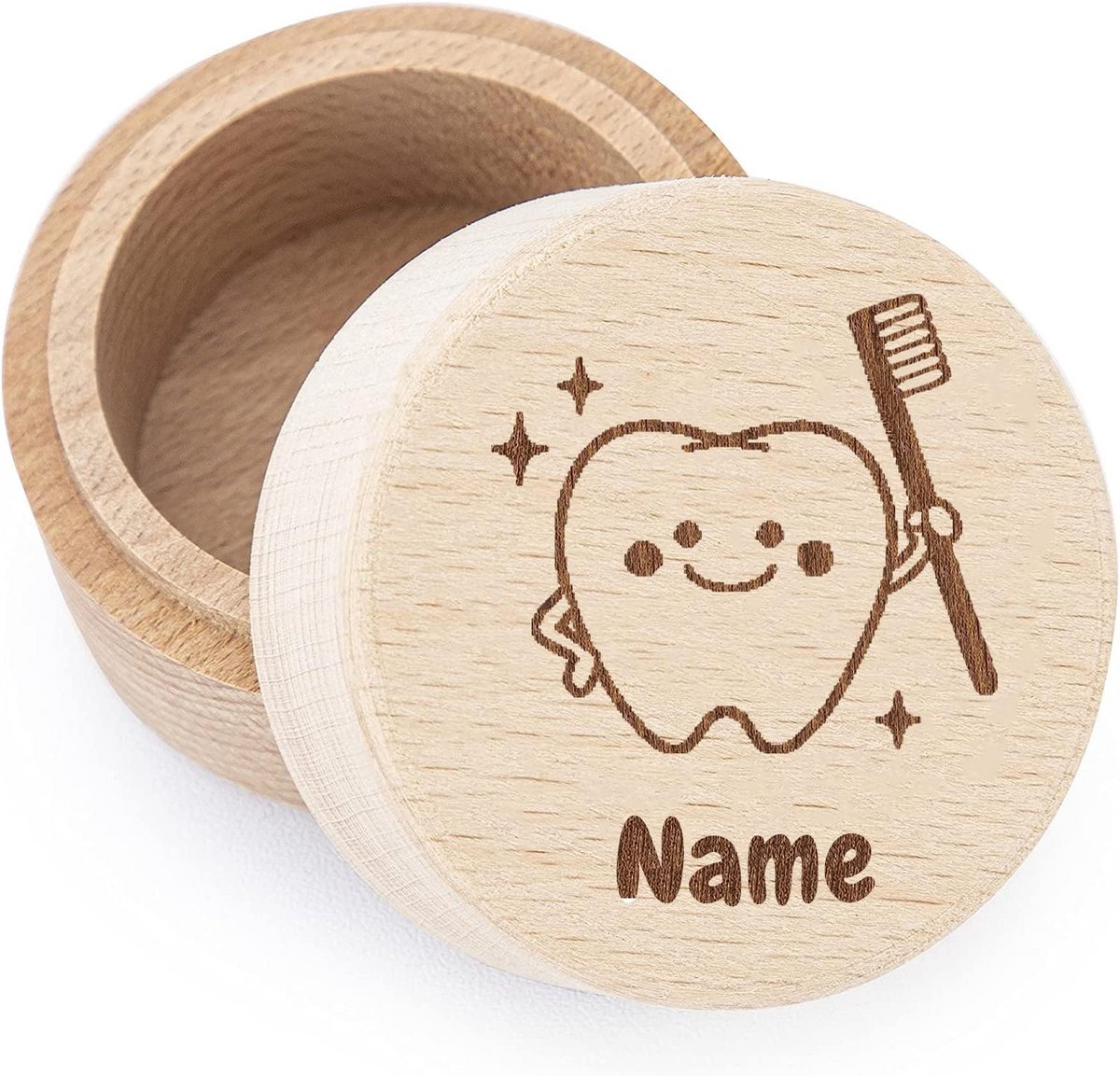 Gepersonaliseerde Ronde Houten Melktandtendoos als Baby- of Doopcadeau