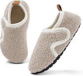 Warme, antislip winterslippers voor kinderen, pluche, voor jongens en meisjes, met klittenbandsluiting, Beige, maat 24-25 (binnenlengte 13,6 cm)