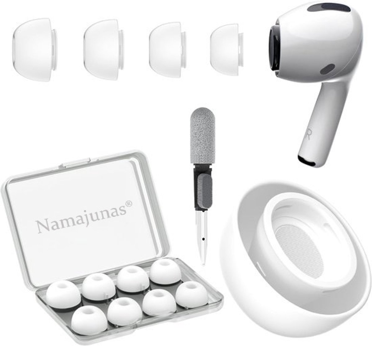 Namajunas - 4 Paar Vervangende Oordopjes Tips Geschikt voor AirPods Pro Gen 1 & 2 - Siliconen Oordopjes - AirPods Pro vervangende oortips - Met Ruisonderdrukkingsgat - Draagbare Opbergdoos - Oordopjes cleaning pen 3 in 1 - Maat S/M/2*L - Wit