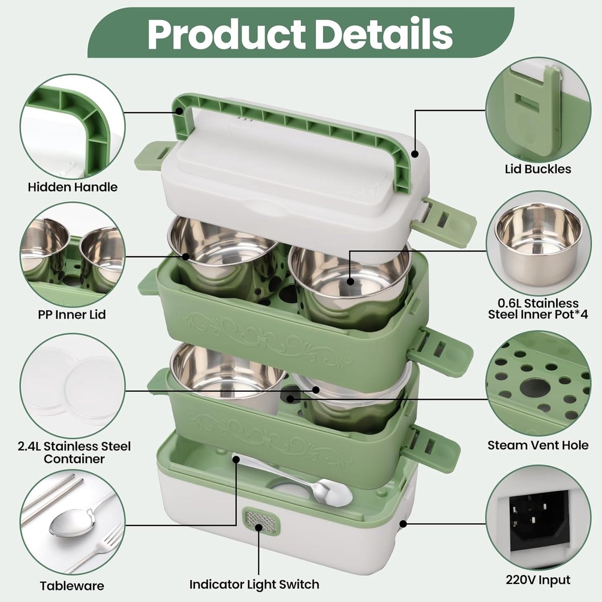 200W Verwarmde Elektrische Lunchbox - Thermische Dubbelwandige Lunchbox 2.4L - Met 4 RVS Binnentanks En Bestekset - Draagbare Voedselwarmer En Opbergtas - Meal Prep Bakje Snackbox En Vershouddoos - Ideaal Voor Werk Auto Kantoor Thuis En Onderweg — cadeau in Kookcadeaus - foto 3