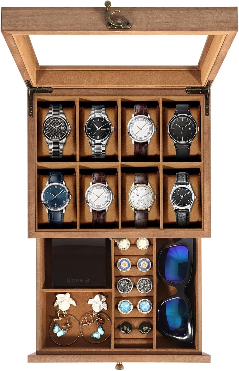 Uten Hout Sieraden Brillen Doos - Zonnebrillen Opbergdoos - Horlogebox - Sieradendoos - 1 Brillen - 8 Horloges - Brillen-Ketting-Ring-Oorbellen- Horloge - Mannen Heren - Bruin