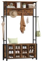 Aiverig® Kapstok met Schoenenrek Groot – Halmeubel & Garderoberek met Zitbank & Opbergplank – Industriële Staande Kapstok met 13 Haken – Voor Hal & Entree – Vintage Bruin Hout – 108×31×187 CM