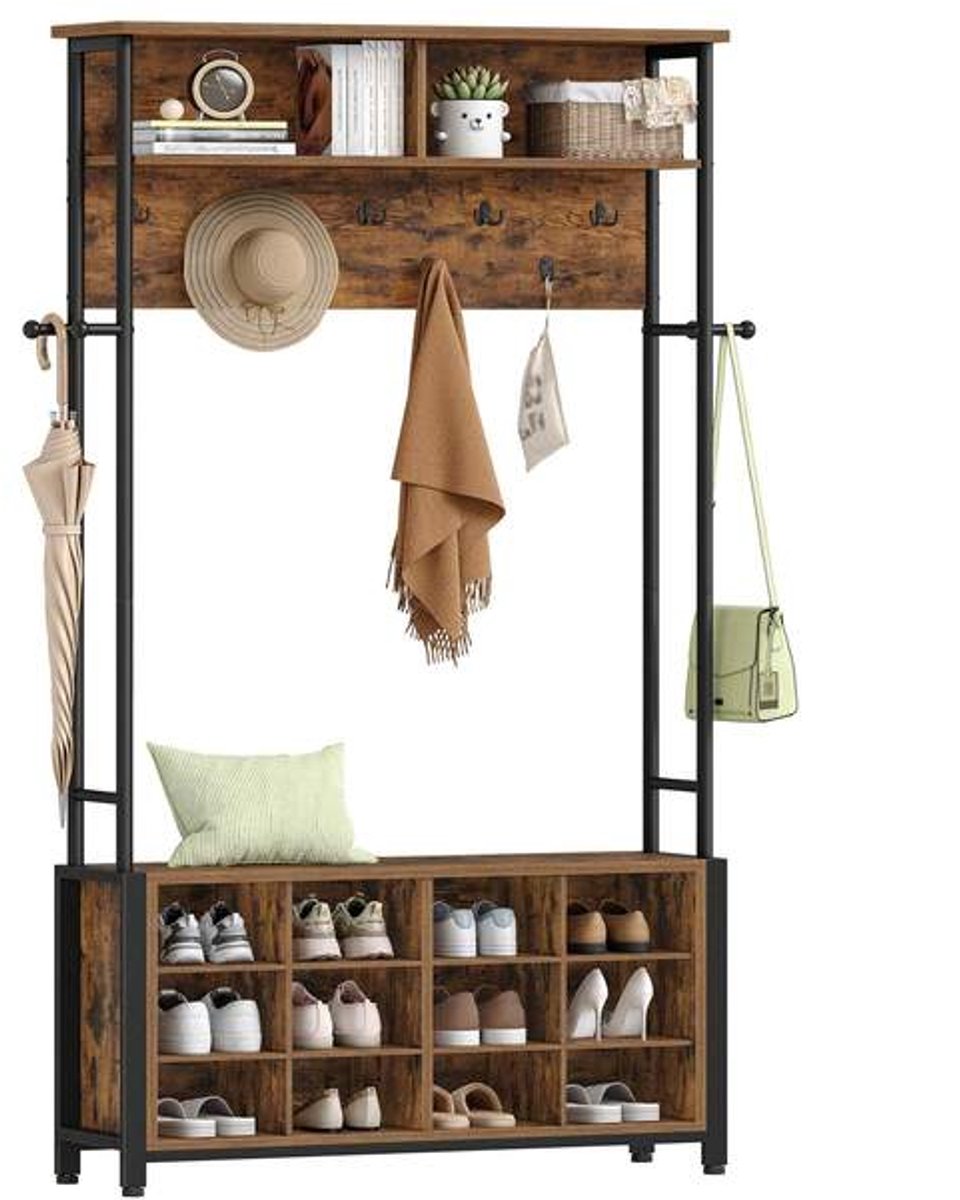 Aiverig® Kapstok met Schoenenrek Groot – Halmeubel & Garderoberek met Zitbank & Opbergplank – Industriële Staande Kapstok met 13 Haken – Voor Hal & Entree – Vintage Bruin Hout – 108×31×187 CM