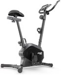 Zwarte hometrainer met display, verstelbaar zadel en water bidonhouder.