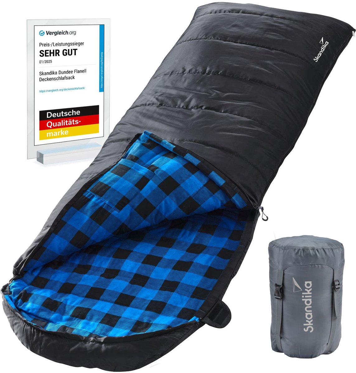 Skandika Dundee Flannel-R Slaapzak - Dekenmodel slaapzakken – Slaapzakken volwassen - Maat M – Unisex - Katoen, luxe kwaliteit, dubbele slaapzak, 3 seizoenen, tot -20°C - 220 x 80 cm - Outdoor kampeerslaapzak – Ritssluiting rechts - zwart/blauw