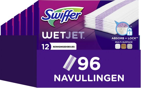 Emballage de recharges Swiffer WetJet, 12 lingettes de nettoyage par paquet, total 96 recharges.