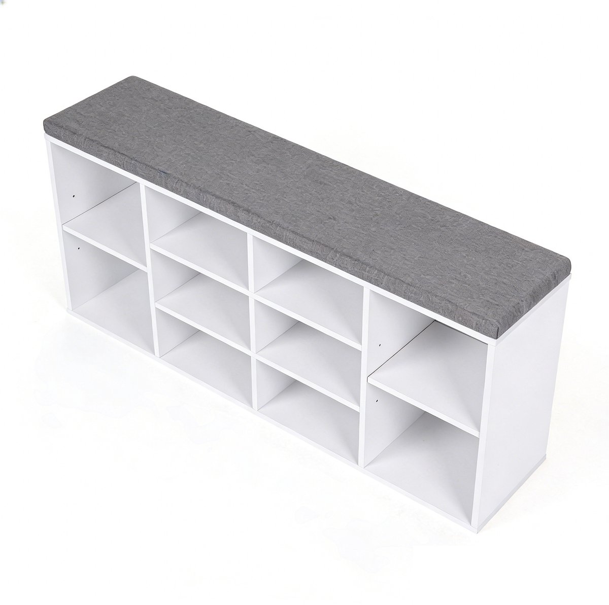 Schoenenbank Schoenenrek Opbergkast met 10 open vakken en zacht, comfortabel kussen Geschikt voor hal en slaapkamer 104 x 30 x 48 cm Wit