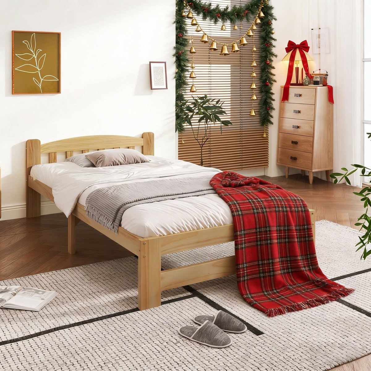 MODFU Massief Houten Eenpersoonsbed 90x200 cm – Met hoofdbord en lattenbodem – Natuurlijk grenenhout – Naturel
