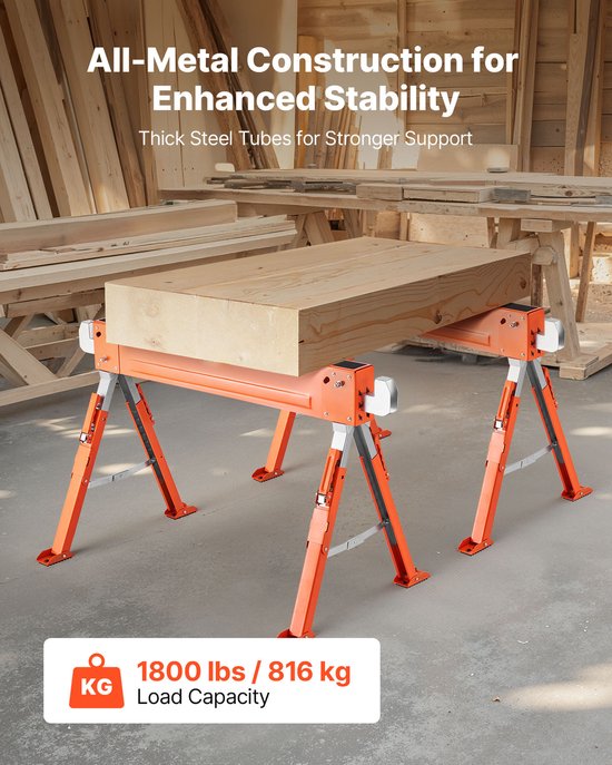 Inklapbare Zaagpaal, Set Van 2, 816 kg Draagvermogen Met Stabiele Poten, Instelbare Hoogte en Antislip Voeten, Ideaal voor Houtbewerking, Timmerwerk en Bouwtaken — afbeelding 3