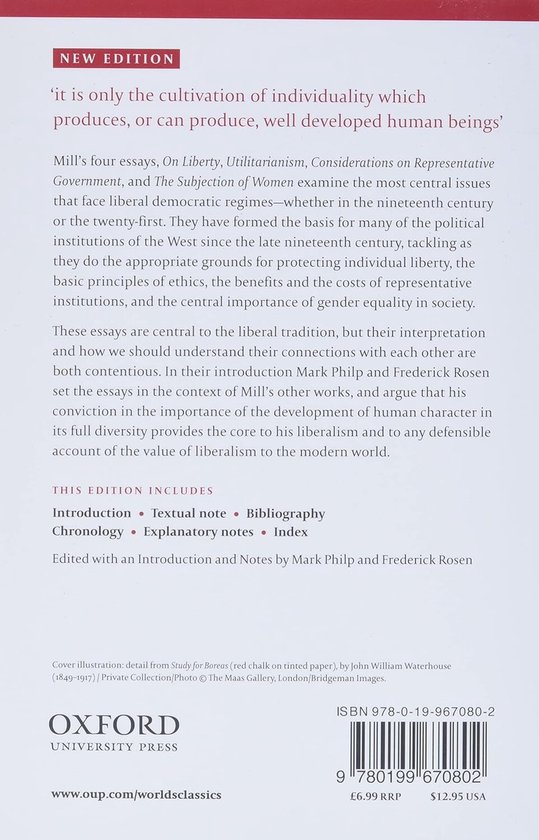 Boek 'On Liberty, Utilitarianism & Other Essays' van John Stuart Mill, Oxford World's Classics.