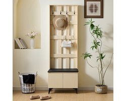 Moderne kapstok met zitje - voorzien van 4 haken en een zwarte stalen voet - biedt een stijlvolle vormgeving voor gang en entree