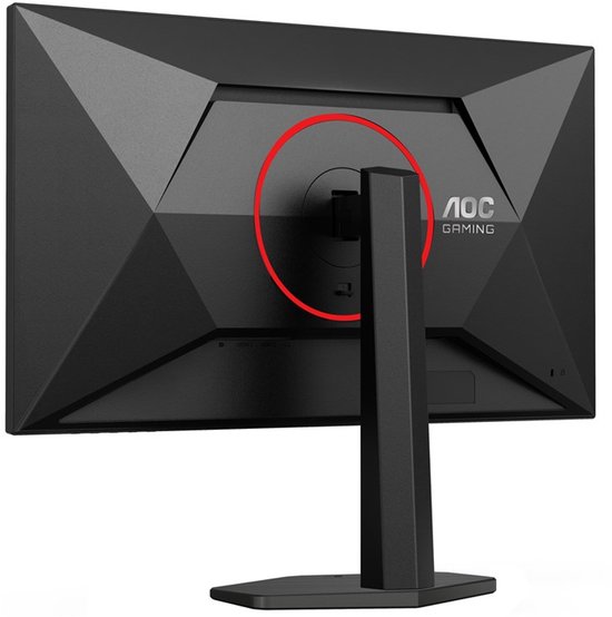 Achterkant van een zwarte AOC gaming monitor met een geometrisch patroon en een rode cirkel rond de monitorarmbevestiging.