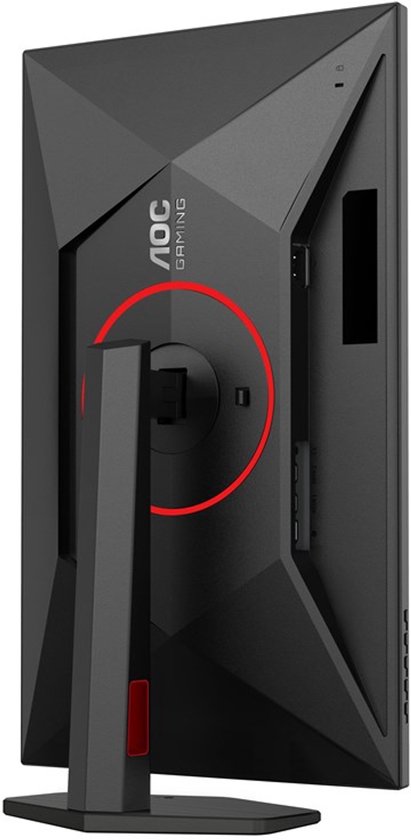 Achterkant van een zwarte AOC gaming monitor met een verstelbare standaard en rode accenten.