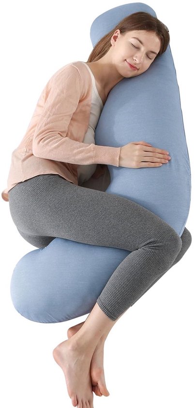 MKS Zijslaapkussen met overtrek | Comfortkussen (100 x 150 cm) | Slaapkussen | Zijslaapkussen U-vorm | Ergonomisch premium verkoelend knuffelkussen (Bamboe (verkoelend) / Lichtblauw