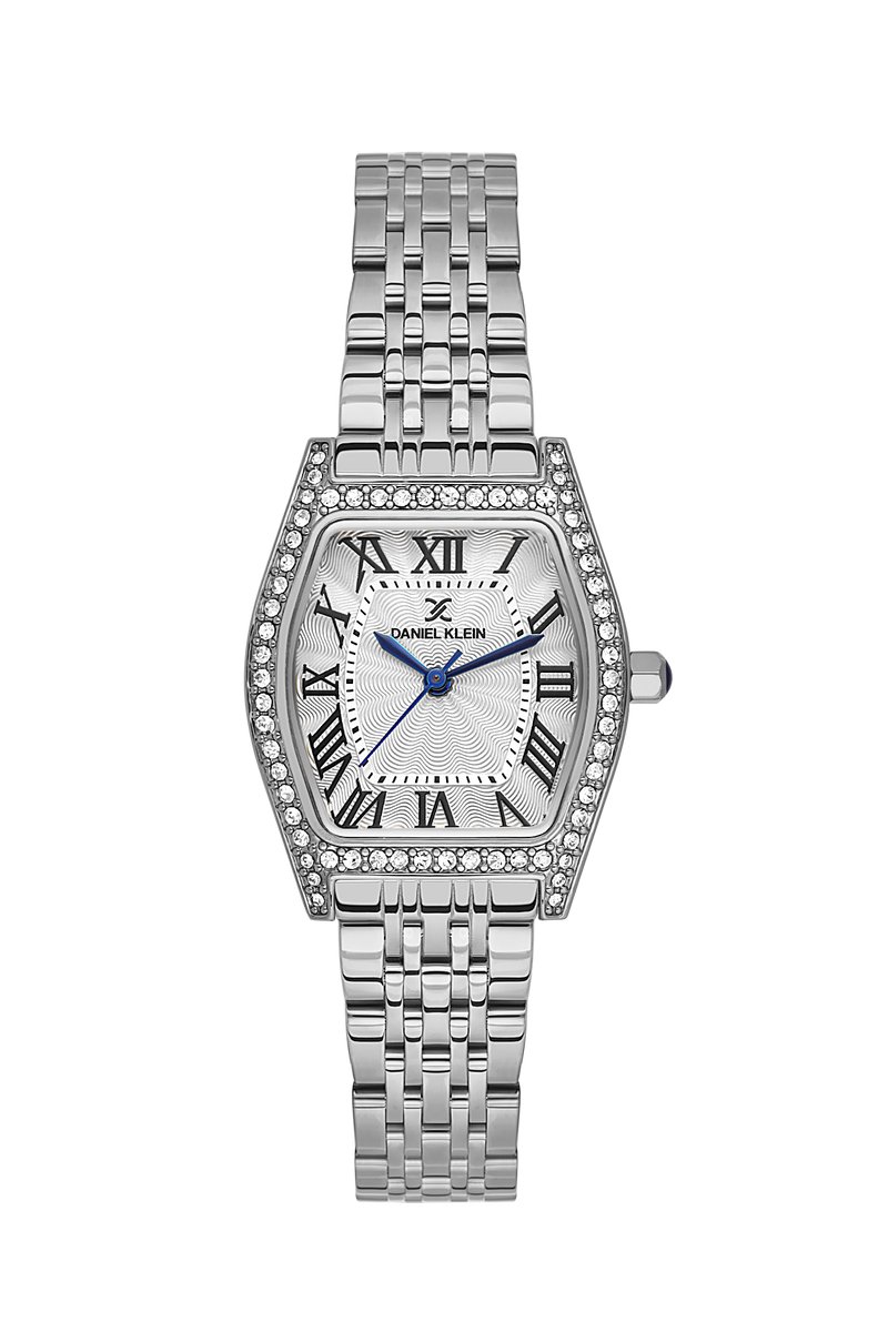 Daniel Klein DK.1.14106-1 - Horloge - Polshorloge - Analoog - Dames - Vrouwen - Ovaal - Stalen band - Metaal - Romeinse cijfers - Strepen - Briljant - Bolletjes - Zilverkleurig - Wit - Zwart - Donkerblauw