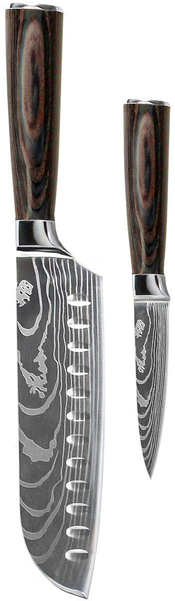 Shinrai Knives - Damascus Print 2-delige Messenset - Santoku + Schilmes - Koksmes - Vleesmes - Hakmes - Broodmes