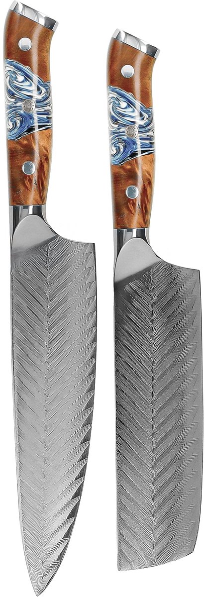 Shinrai Knives - Eclipse 2-delige Damascus Messenset - Koksmes + Nakiri - Vleesmes - Hakmes